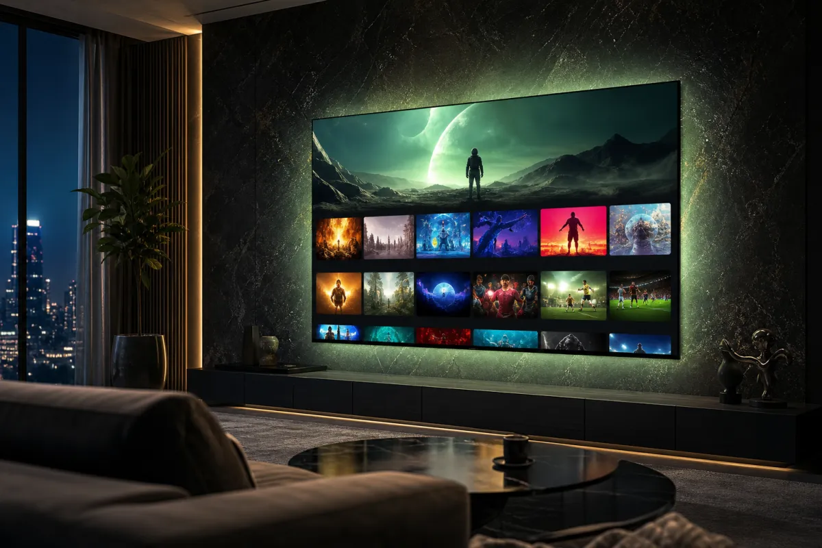 Interface de streaming IPTV numa Smart TV moderna com filmes, séries e desporto ao vivo